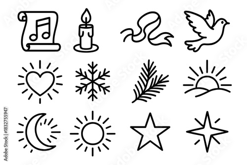 Melodic Icon Symphony. Heartfelt Melody linear icon set : music scroll, candle flame, ribbon curl, dove, radiant heart, snowflake, pine sprig, soft glow, sunrise beam, moonlight