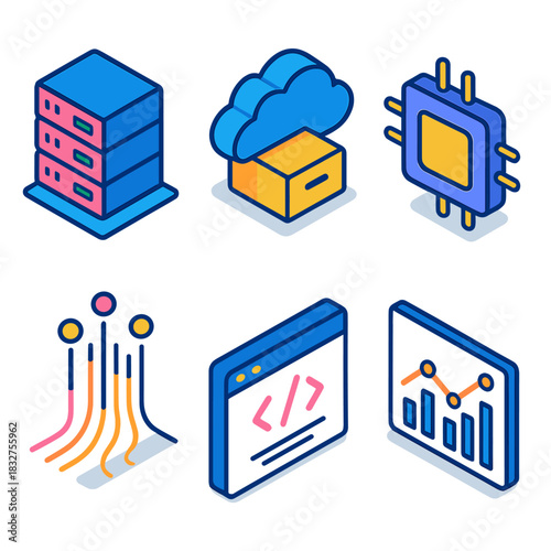 Modern Data Icons. Data & Processing flat icons set. server rack, cloud storage, processor, data stream, code window, analytics chart
