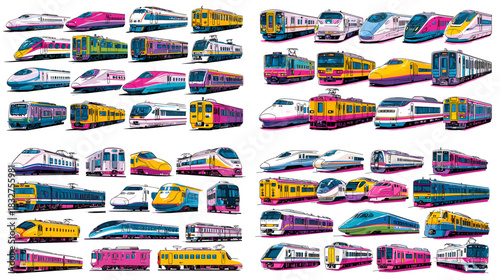 Vibrant illustration set of modern trains and high speed rail in bright colors, featuring multiple models, engines, and car designs for transport and travel related themes.