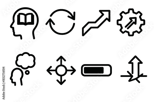 Human Development Icons. Human Potential Development Actions linear icon set: learn icon, practice loop, refine arrow, apply gear, reflect bubble, adapt symbol, progress bar