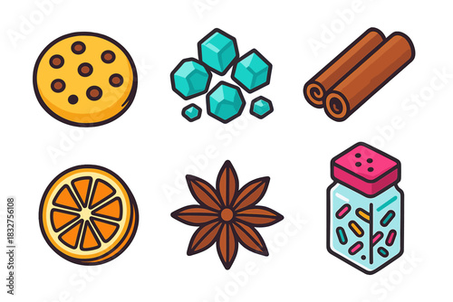 Festive Spice Icons. Holiday Spice Mix flat icon set: cookie, sugar crystals, cinnamon sticks, orange slice, star anise, sprinkle jar
