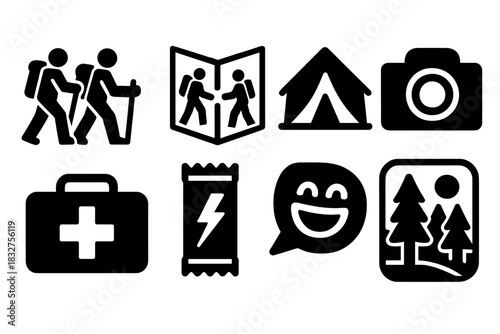 Bold Hiking Icons. Group Hiking silhouette icon set: group of hikers, shared map, camp tent, camera, laughter bubble, first aid kit, energy bar, forest view
