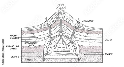Geological Cross-Section of Erupting Volcano Diagram with Labeled Internal Structure