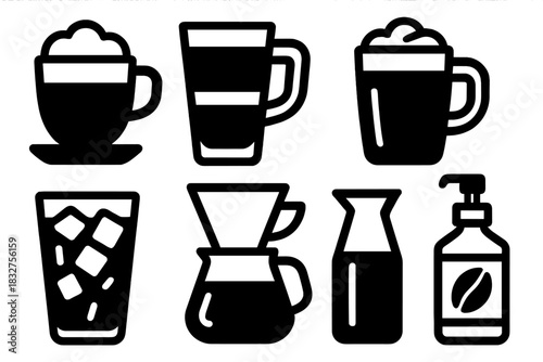 Bold Coffee Icons. Coffee Drinks silhouette icon set: cappuccino, latte, americano, mocha, macchiato, iced coffee, pour-over, coffee syrup