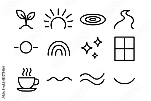 Holistic Icon Collection. Holistic Revitalization Collection linear icon set: nature sprout, restorative beam, mindful ripple, grounding path, inner balance dot, renewal arc