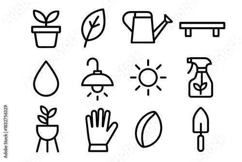 Botanical Icon Set. Botanical Decor linear icon set. flower pot, leaf, watering can, shelf, droplet, lamp, sun, spray bottle, plant stand, glove, seed, trowel
