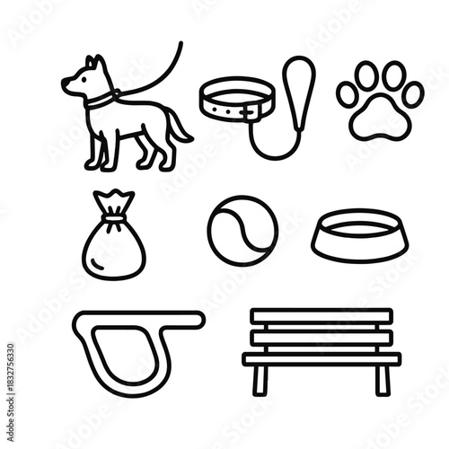 Dog Walking Essentials. Dog walking concept linear icon set: dog on leash, collar, leash handle, paw print, poop bag, tennis ball, water bowl, park bench