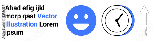 Business growth, time management, positivity, productivity, goal achievement, efficiency. A happy face, clock and arrow pointing upward. Positivity and time management conceptual illustration