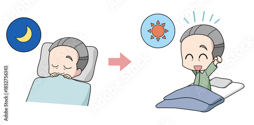 よく寝て寝起きが良い高齢男性のイラスト