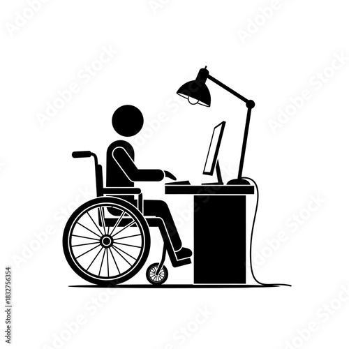 Person in wheelchair working at desk with computer and lamp.