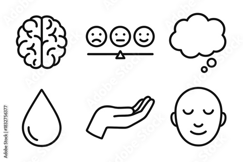 Emotional Awareness Icons. Emotional Awareness linear icon set: brain, mood scale, thought bubble, teardrop, open hand, calm face