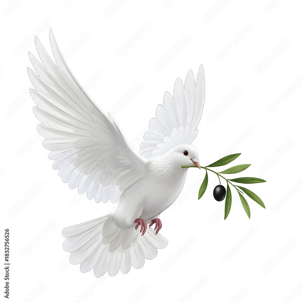 Fototapeta premium Isolated White Dove with Olive Branch, isolated on white or transparent background, PNG Format.
