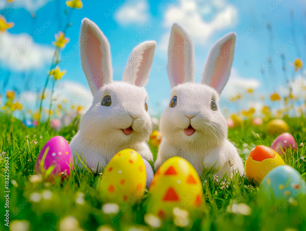 Fototapeta premium Two playful white rabbits happily explore a lush green meadow, surrounded by a variety of colorful Easter eggs. The sunny sky adds a cheerful touch, creating a joyful celebration