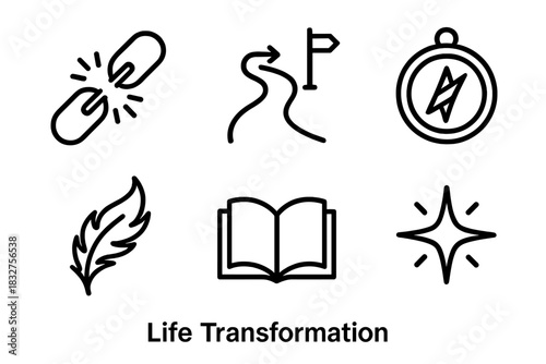 Symbols of Renewal. Life Transformation linear icon set: broken chain, new path, compass, phoenix feather, open book, shining star