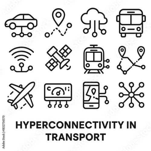 Transport Connectivity Symbols. Hyperconnectivity in Transport linear icon set. smart car, GPS pin, data cloud, bus icon, Wi-Fi signal, satellite, metro train, connected map