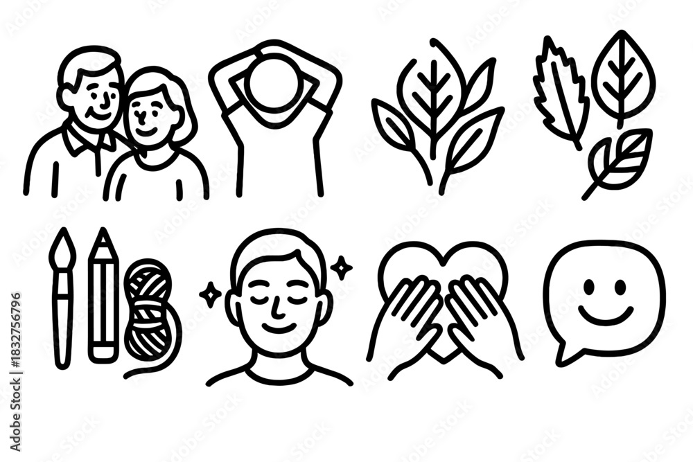 Fototapeta premium Joyful Healthy Lifestyle Icons. Joyful Longevity Set linear icon set: happy couple, morning stretch, hobby tools, nature leaves, calm mind, self-care heart, walking cane, positive