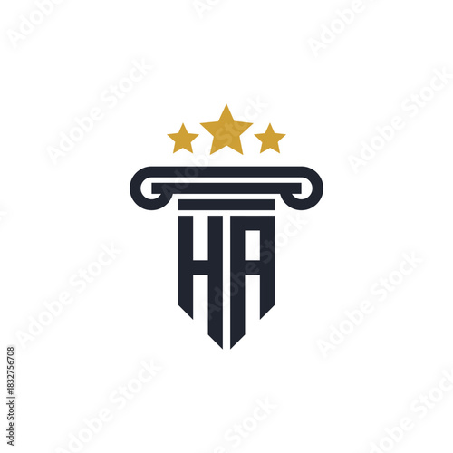 Creative HA initial monogram logo design with a classical pillar and three stars, representing law, justice, and excellence