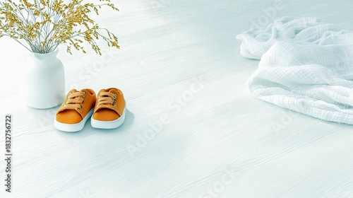 A pair of orange baby shoes sits on a white wooden floor next to a white vase with dried flowers and a white cloth. Soft, natural lighting.