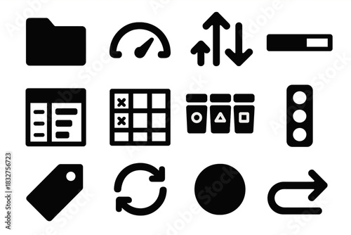 Brutalist Resource Icons. Resource Allocation Collection silhouette icon set: asset folder, usage meter, distribution arrows, timeline bar, workload sheet, planning board