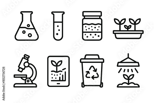 Plant Research Icons. Plant-based innovation tools linear icon set: lab beaker, test tube, soil sample jar, plant tray, microscope, data tablet, compost bin, growth light