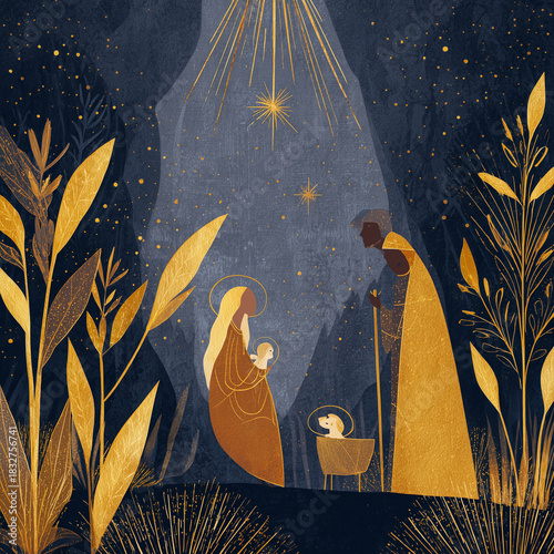 Nativity scene illustration featuring the Holy Family rendered in golden hues against a deep blue, star-filled night sky