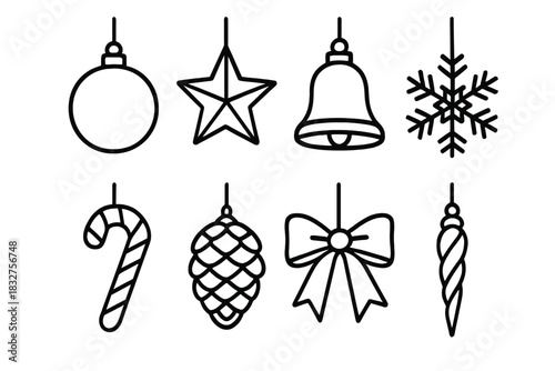 Festive Ornament Icons. Christmas ornaments concept linear icon set: glass ball, star, bell, snowflake, candy cane, pine cone, ribbon bow, icicle