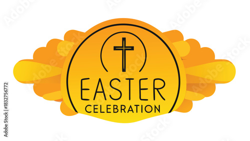 A vibrant yellow easter celebration badge featuring a simple cross symbol and the words easter celebration in bold black lettering perfect for religious holiday designs