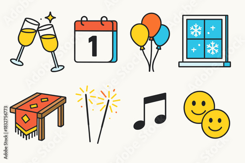 Festive Celebration Icons. New Year Family Celebration flat icon set: midnight toast, wall calendar page, balloon bunch, window snowflakes, festive table runner, handheld sparklers