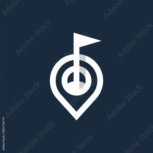 A minimalist line art logo representing a golf course location, combining a map pointer with a flagstick in the hole. This unique symbol is perfect for a golf club finder or navigation app