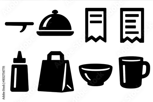 Bold Food Service Icons. Food service silhouette icon set: tray, covered dish cloche, order ticket, receipt, condiment bottle, takeaway bag, bowl, cup