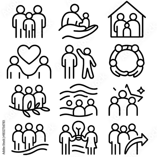 Family Unity Icons. Family Harmony Set linear icon set: united figures, caretaking hand, peaceful home, heart bond, child reach, family circle, supportive branch, shared light icon