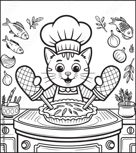 A cute cat chef making food in the kitchen black vector outline for children coloring page design traditional cooking book