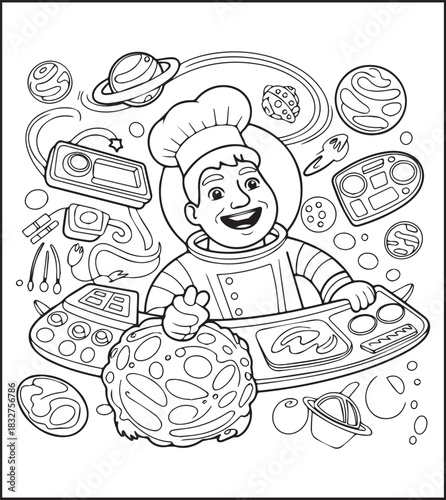 A cute astronaut chef making food in the space black vector outline for children coloring page design traditional cooking book