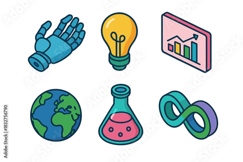Sustainable Future Icons. Future Sustainability flat icons set. robot hand, light bulb, data chart, earth, lab flask, infinity loop