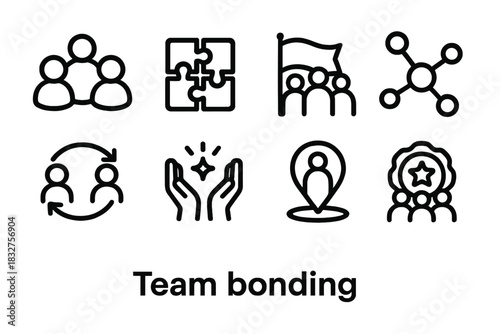 Teamwork Icon Set. Team Bonding Icons linear icon set: group circle, puzzle pieces fitting, unity flag, collaborative nodes, partner arrows, synergy spark, shared goal marker