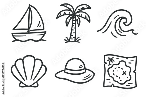 Doodle Ocean Icons. Ocean Escapes set of icons in doodle hand-drawn vector style. sailboat, palm tree, wave icon, seashell, sun hat, island map