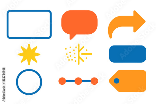 Vibrant Narrative Icons. Environmental Storytelling Elements flat icon set: scene frame, speech bubble, narrative arrow, memory spark, highlight ring, timeline bar, texture patch
