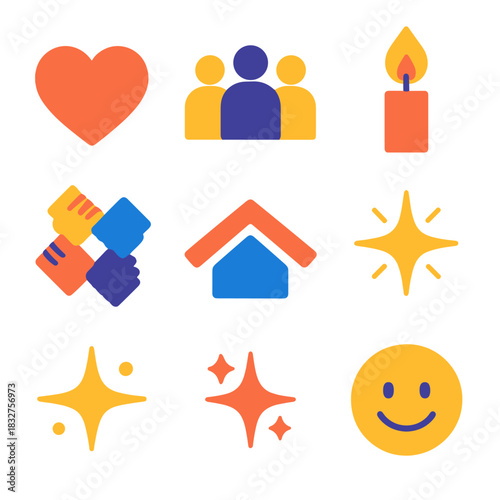 Unified Heart Icons. Love and unity flat icon set : heart, group of people, joined hands, light aura, candle flame, home roof, sparkle, smile