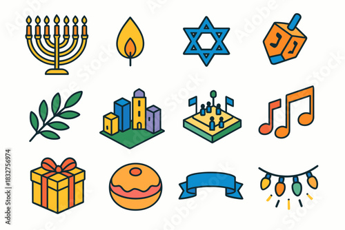 Hanukkah Icon Set. Hanukkah Israel Public Celebrations flat icon set: menorah, candle flame, Star of David, dreidel, olive branch, city skyline, public square, music notes, gift