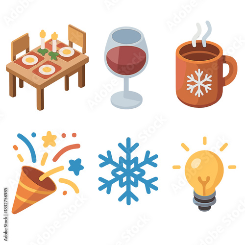 Festive Icon Collection. Holiday Gathering flat icon set : dinner table, wine glass, cozy mug, confetti burst, snowflake, glowing light