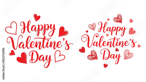 Two distinct circular arrangements of "Happy Valentine's Day" text, adorned with various heart shapes and decorative elements, presented on a white background.

