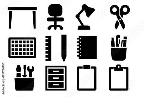 Brutalist Studio Icon Set. Studio Essentials silhouette icon set. work table, chair, lamp, scissors, cutting mat, ruler, notebook, pen cup, tool rack, organizer drawer, sketch pad