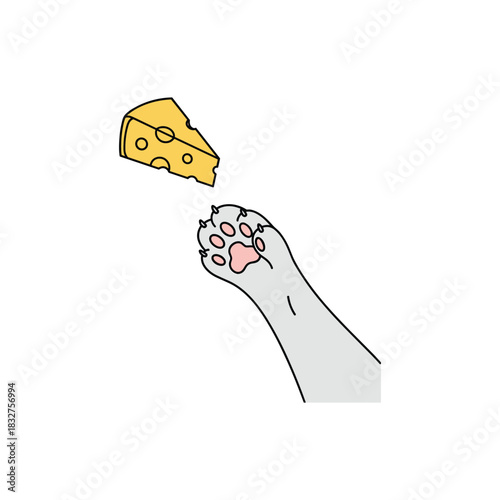 White cat paw reaching out for wedge piece of swiss cheese