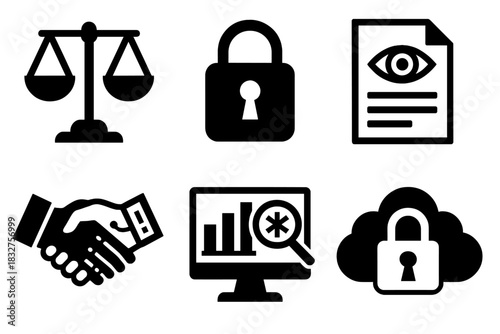 Ethical AI Icons. Ethical AI Research silhouette icon set. fairness scale, data privacy lock, transparency document, human-AI handshake, bias detection chart, secure cloud.