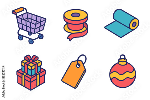 Festive Shopping Icons. Festive Purchases flat icon set: shopping cart, ribbon roll, wrapping paper, gift pile, tag, ornament