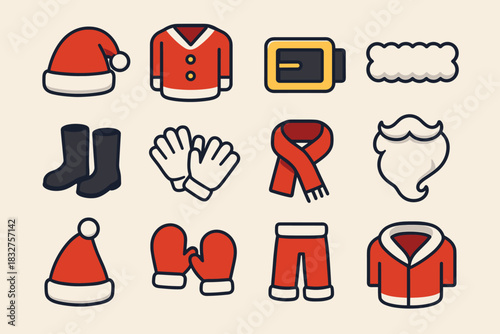 Isometric Santa Icons. Santa’s Outfit flat icon set: velvet hat, red suit, shiny buckle, fur edge, tall boots, white gloves, wool scarf, beard curl, pom hat, mitten pair, red pants