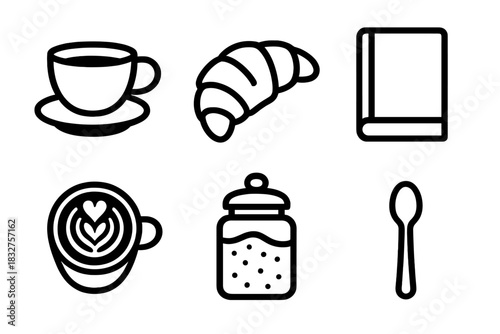 Café Icons Outline. Café Moments linear icon set: coffee cup, croissant, book, latte art, sugar jar, spoon