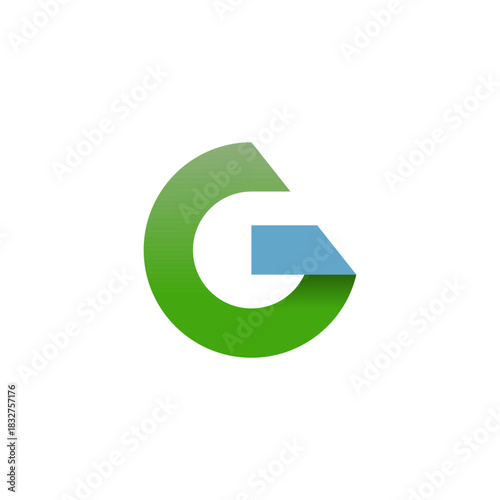 Stylized letter G logo design featuring a smooth green gradient and a light blue folded paper element, an abstract concept for branding and identity