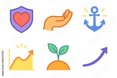 Heartfelt Resilience Icons. Emotional Strength flat icon set: heart shield, supportive hand, stable anchor, gentle glow, recovery curve, growth sprout
