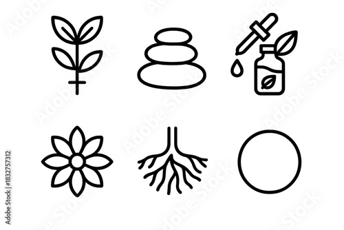 Holistic Botanical Icons. Holistic Botanical Set linear icon set: healing plant, balanced stone, natural extract jar, bloom symbol, grounding root, wellness circle